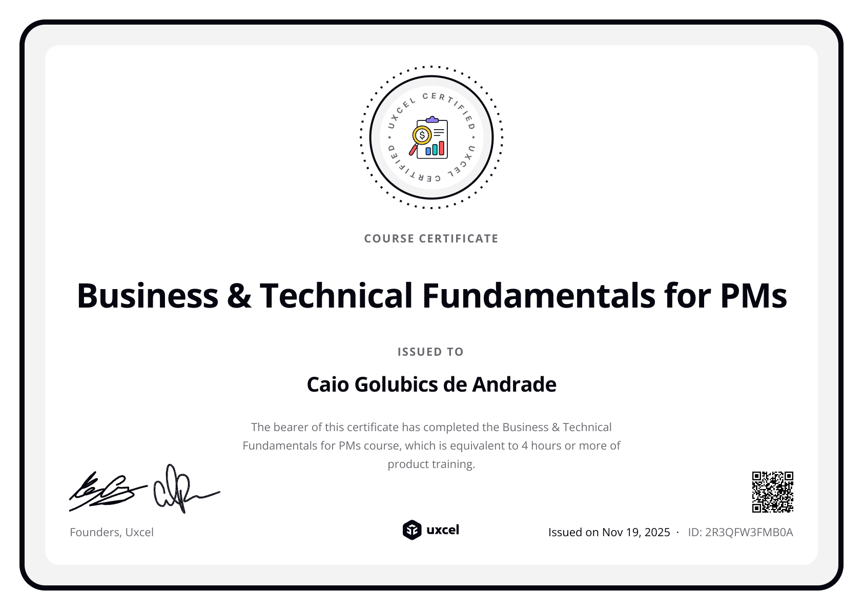Caio Andrade's certificate